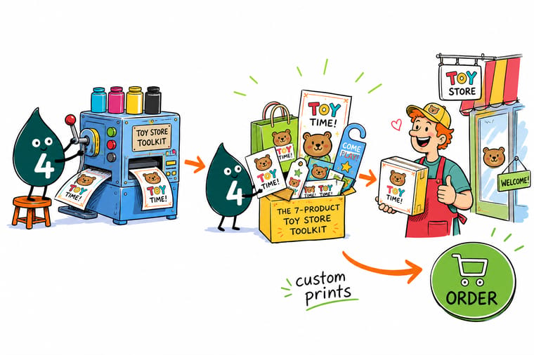Wally, the 4OVER4 mascot holding a 4, dressing a toy store with window clings, shaped hangtags, a gift box, and stickers as one matching set
