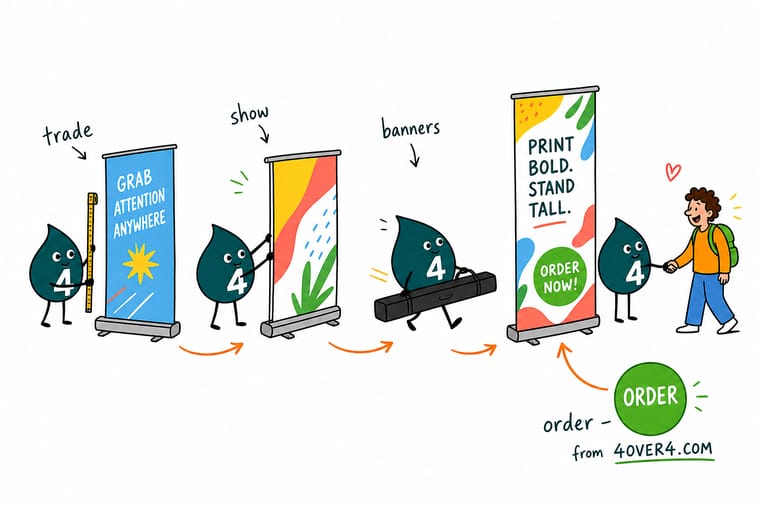 Wally, the 4OVER4 mascot holding a 4, setting up a retractable banner backdrop and a step-and-repeat photo wall at a trade show booth