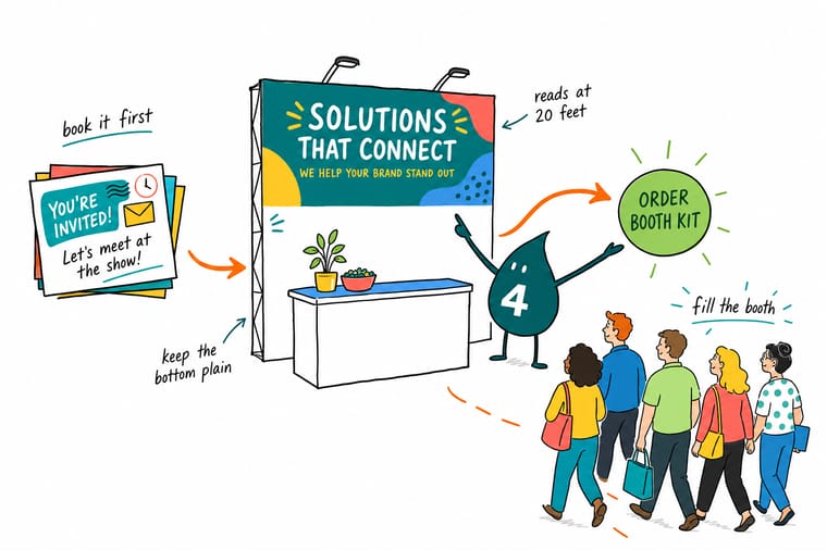 Wally from 4OVER4 standing at the edge of a trade show booth, pointing at the readable top third of the backwall graphic