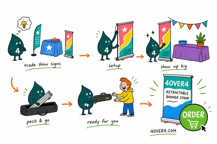 Wally, the 4OVER4 mascot holding a 4, assembling a booth from a backdrop, a banner stand, and a table throw while an orange arrow points to a green order button