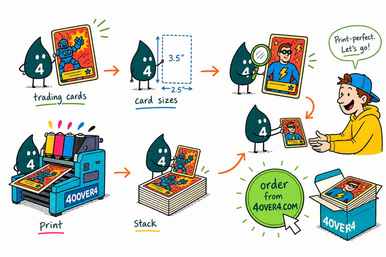 Wally the 4OVER4 mascot holding a 4 and measuring a standard trading card against a bleed and safe-zone template, pointing to an order button