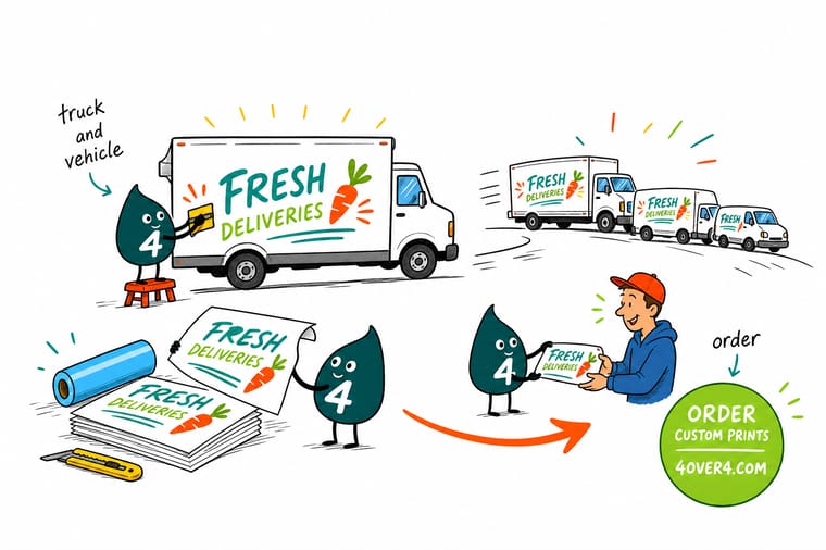 Wally from 4OVER4 measuring vinyl letters on a work truck door and holding matching printed flyers