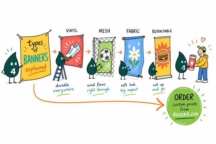 Wally, the 4OVER4 mascot with a 4, holding a solid vinyl banner that billows in the wind next to a mesh banner that the wind blows straight through