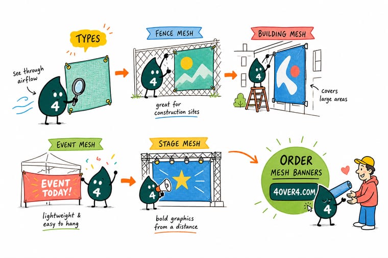 Wally, the 4OVER4 mascot with a 4, standing beside a lineup of banner styles and pointing to the right one