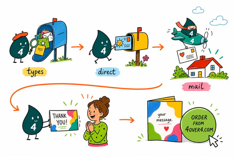 Wally, the 4OVER4 mascot with a 4, sorting direct mail formats into the right mailbox