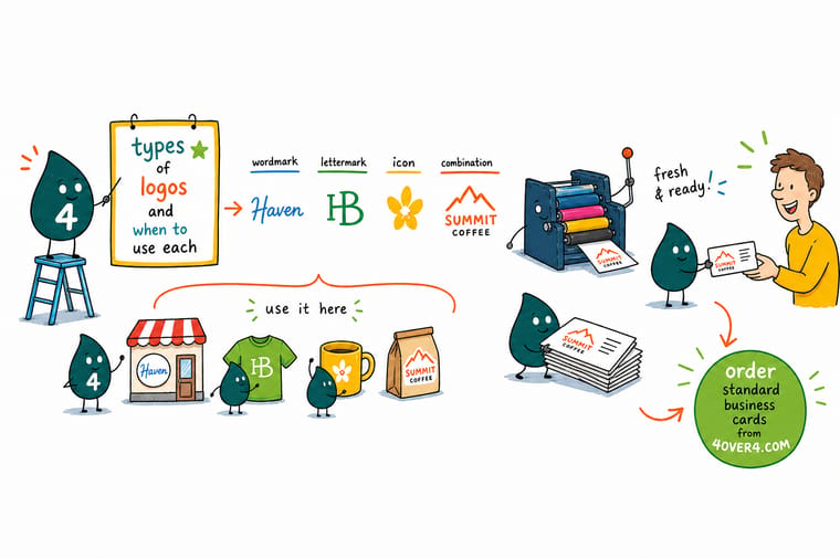 Wally, the 4OVER4 mascot holding a 4, comparing seven logo styles and printing the winner on a business card