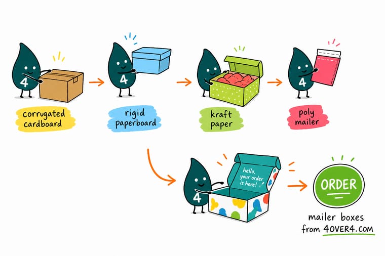 Wally, the 4OVER4 mascot with a 4, comparing a corrugated mailer, a kraft box, and a rigid gift box