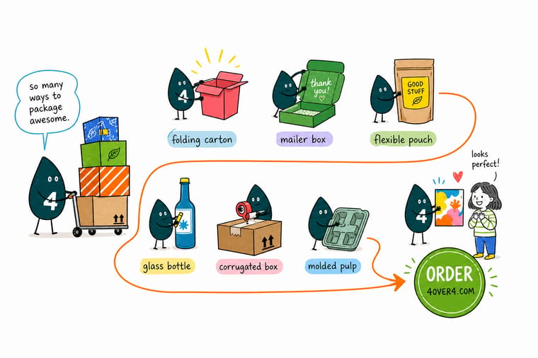Wally, the 4OVER4 mascot holding a 4, weighing packaging materials, paperboard, corrugated, kraft, and glass, on a balance scale