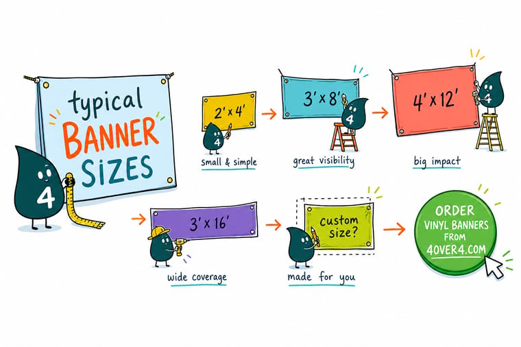 Wally, the 4OVER4 mascot with a 4, measuring banners of different sizes against a storefront and a trade show booth