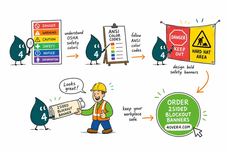 Wally, the 4OVER4 mascot holding a 4, sorting safety signs into red danger, orange warning, yellow caution, and green safety piles