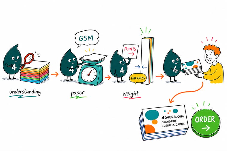 Wally, the 4OVER4 mascot with a 4, weighing a thick 14pt card against a thin sheet to show how paper weight changes the feel