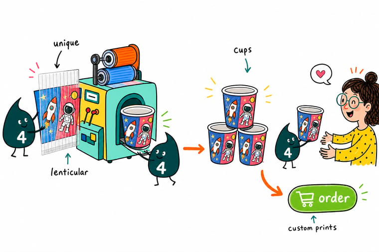 Wally from 4OVER4 tilting a lenticular cup so the artwork shifts from a flat logo into motion and depth