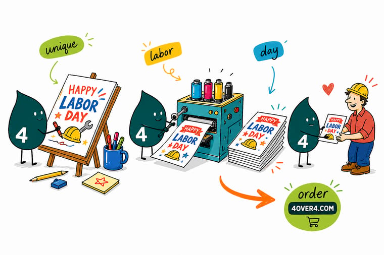 Wally from 4OVER4 designing a Labor Day storefront with a fresh seasonal theme on a poster, banner, flyer, and yard sign instead of the usual flag