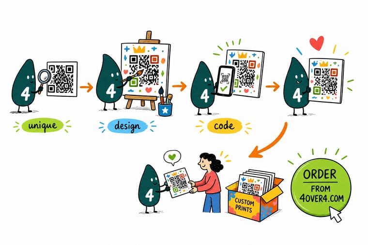 Wally, the 4OVER4 mascot with a 4, painting a QR code in brand colours while guarding the three corner eyes and the blank margin around it