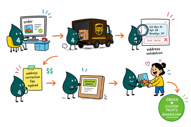 Wally, the 4OVER4 mascot with a 4, holding a shipping label with a missing suite number circled while a delivery van waits at the kerb