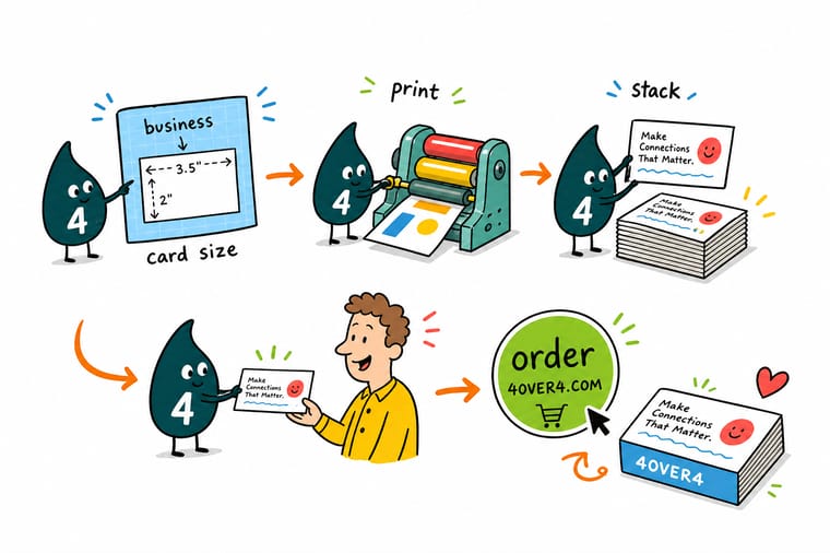 Wally, the 4OVER4 mascot holding a 4, measuring a business card with a ruler showing 3.5 by 2 inches and pixel callouts