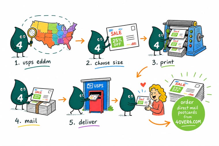 Wally, the 4OVER4 mascot with a 4, holding an EDDM postcard next to a USPS carrier-route map