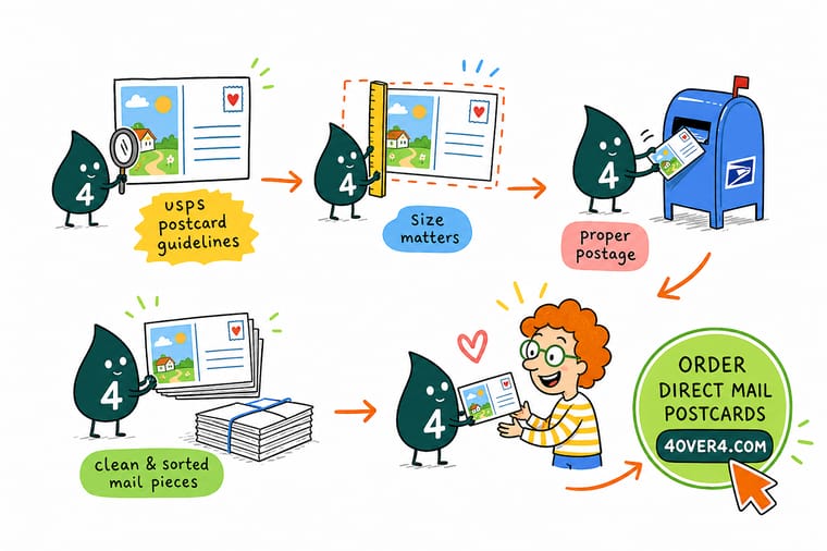Wally, the 4OVER4 mascot with a 4, measuring a postcard and pointing to the barcode clear zone so it mails at the postcard rate