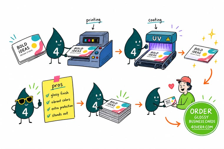 Wally, the 4OVER4 mascot with a 4, rolling a glossy UV coat over a business card so the color shines