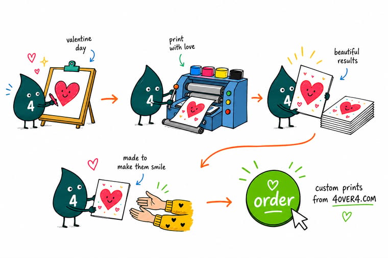 Wally, the 4OVER4 mascot with a 4, laying a flat 10 by 7 Valentine card template on the bench and folding it down the centre into a 5 by 7 card