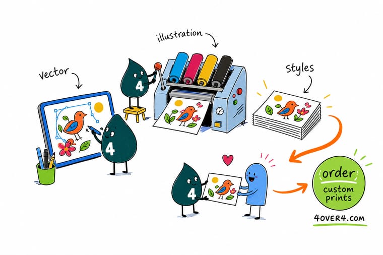 Wally, the 4OVER4 mascot, scaling a flat vector illustration from a tiny sticker up to a full poster with the edges staying sharp