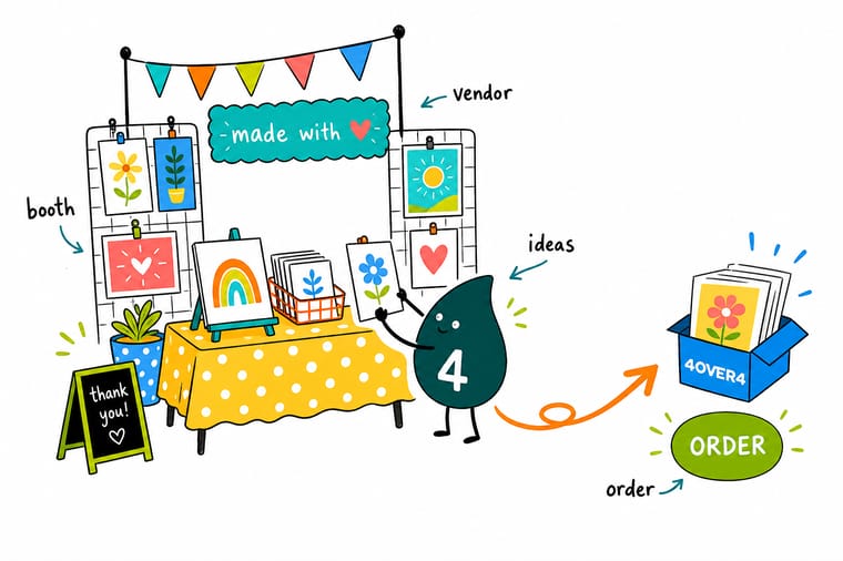 Wally from 4OVER4 arranging a craft fair vendor booth with a printed backdrop, risers and price signage