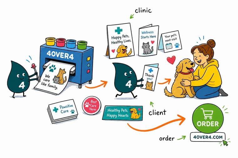 Wally, the 4OVER4 mascot holding a 4, arranging a vet clinic's postcards, brochures, appointment cards, and a pet birthday card as one matching set