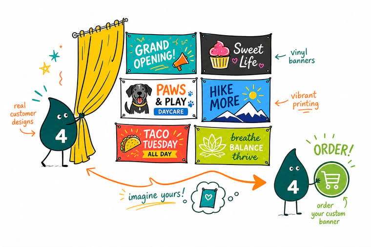 Wally the 4OVER4 mascot hanging a bold full-color vinyl banner across a storefront