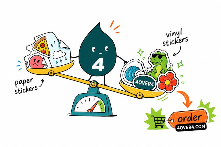 Wally, the 4OVER4 mascot holding a 4, splashing water on a vinyl sticker that shrugs it off while a paper sticker curls, showing which material survives