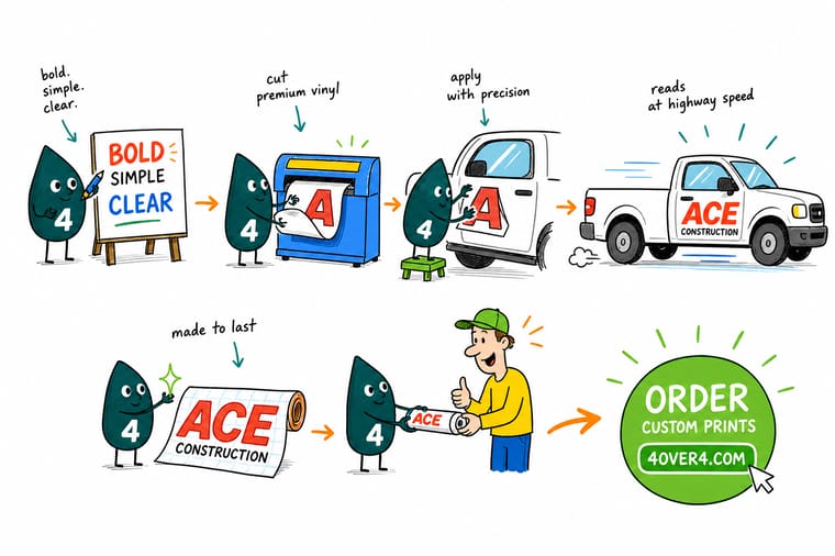 Wally, the 4OVER4 mascot with a 4, squeegeeing bold vinyl lettering onto a box truck door while a tape measure checks the letter height