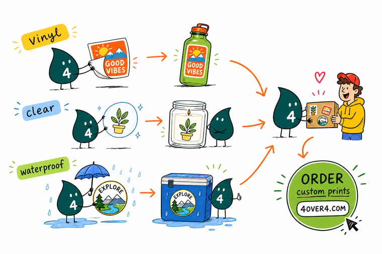 Wally, the 4OVER4 mascot with a 4, holding a white vinyl label and a clear label against a wet bottle to show which one keeps its color
