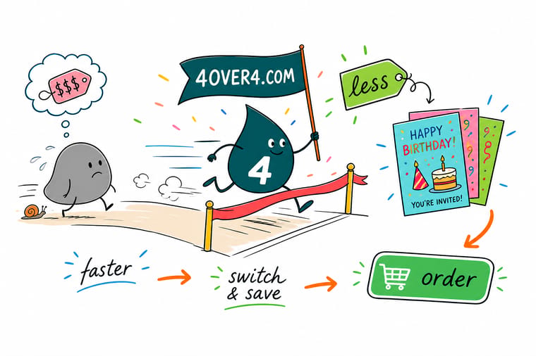 Wally the 4OVER4 mascot races ahead holding a glittering birthday invitation and the 4OVER4.COM flag as 4OVER4.COM outprints the competition on formats, stocks, and the matching party set