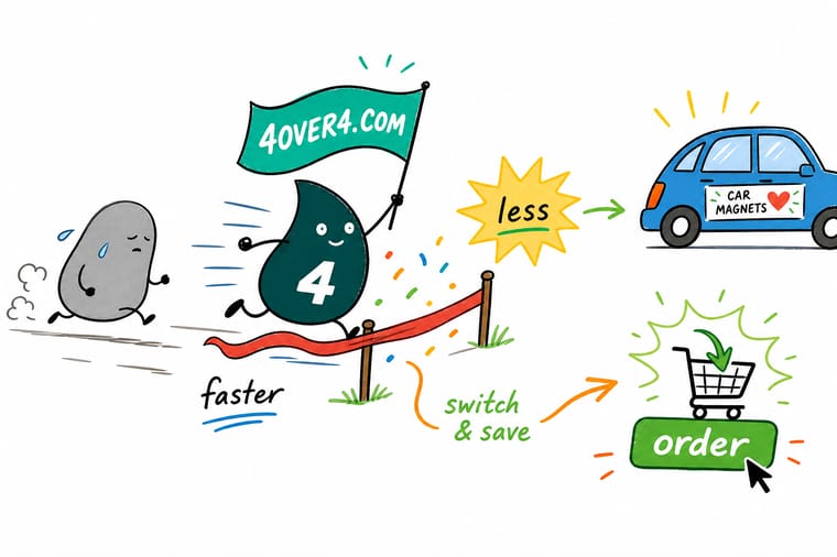 Wally the 4OVER4 mascot races ahead with the winning custom car magnet as 4OVER4.COM outprints the competition on durability, custom sizes, and fleet pricing