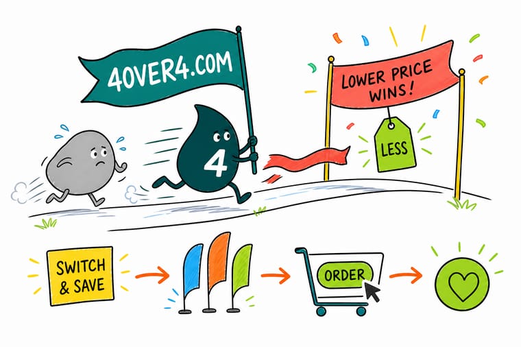 Wally the 4OVER4 mascot races ahead planting a tall custom feather flag with the 4OVER4.COM banner as 4OVER4.COM outprints the competition on flag shapes, hardware, and lot pricing