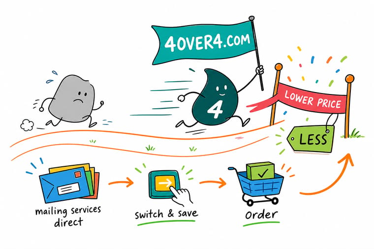 4OVER4.COM outmails the competition, the winner, Wally speeding a tray of stamped postcards toward a row of mailboxes while a slow grey competitor blob is still sorting one card