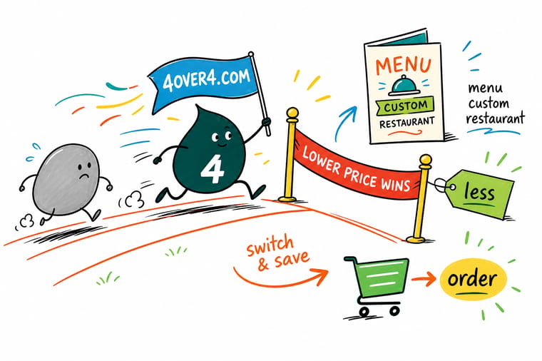 Wally the 4OVER4 mascot sprints past a slow grey competitor blob to the finish ribbon holding a lower price tag for custom restaurant menu printing, 4OVER4.COM wins the menu run
