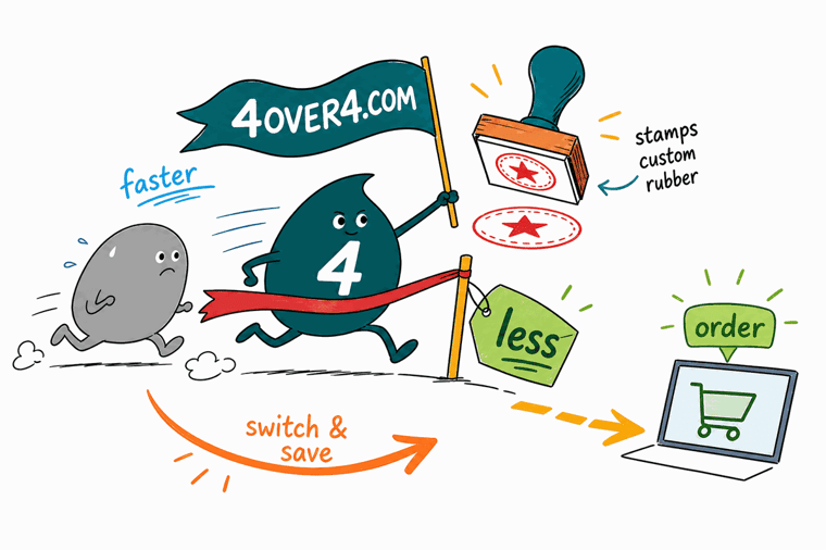 Wally the 4OVER4 mascot presses a crisp custom rubber stamp on the winner's podium as 4OVER4.COM outprints VistaPrint on factory-direct price, custom sizing, and value