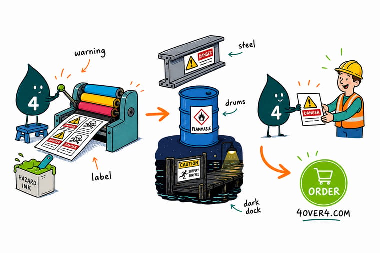 Wally, the 4OVER4 mascot holding a 4, walking a plant floor past four hazards: an indoor panel with a paper warning label, a chemical drum with a waterproof label, a dark doorway with a reflective sticker catching a torch beam, and a yard post carrying a reflective aluminum sign