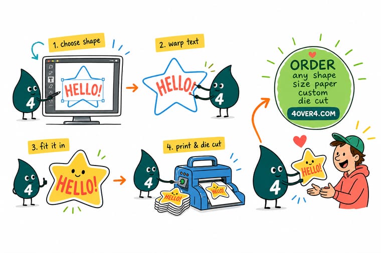Wally, the 4OVER4 mascot with a 4, bending a word along a curve and pouring another word to fill a shape