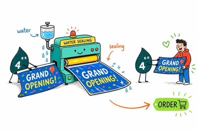 Wally, the 4OVER4 mascot holding a 4, brushing a clear water-resistant seal over an outdoor banner as rain beads off the surface