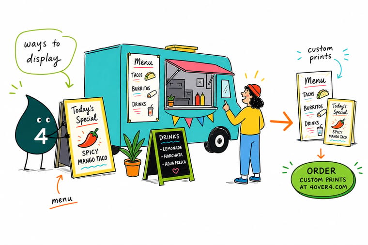 Wally from 4OVER4 comparing food truck menu sign layouts on a service window board, an A-frame, and a banner