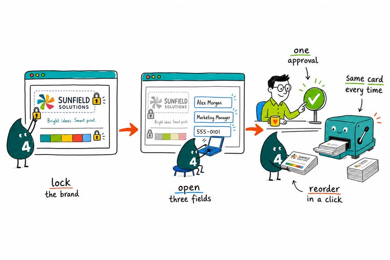 Wally from 4OVER4 at a browser ordering screen, locking a business card layout so only the name and phone number can be changed