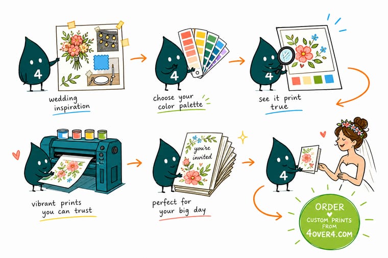 Wally, the 4OVER4 mascot with a 4, holding printed wedding invitation samples up to a window to compare the palette against a sage and gold swatch