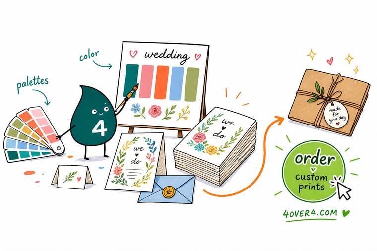 Wally from 4OVER4 choosing a sage and terracotta 2026 wedding palette and printing a matching invitation suite