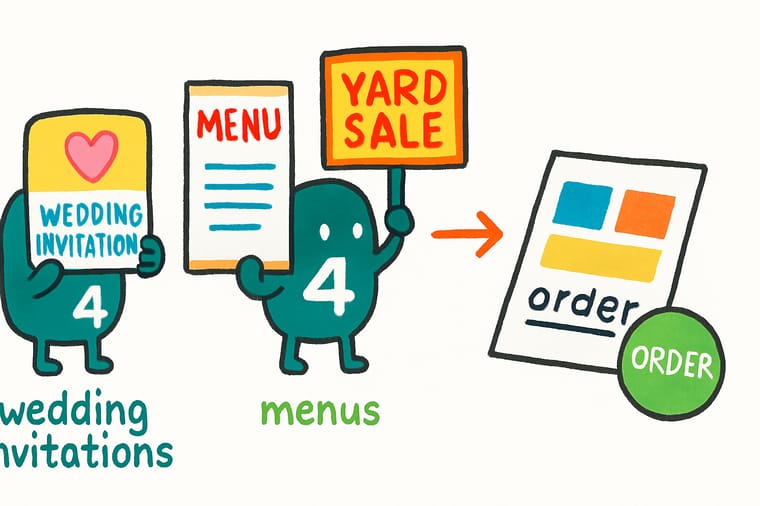 Wally, the 4OVER4 mascot with a 4, holding a wedding invitation, a printed menu and a staked yard sign while counting addresses, seats and turns