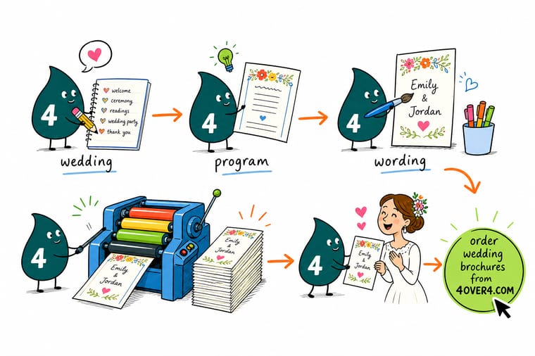 Wally, the 4OVER4 mascot with a 4, holding an open folded wedding program that lists the order of service