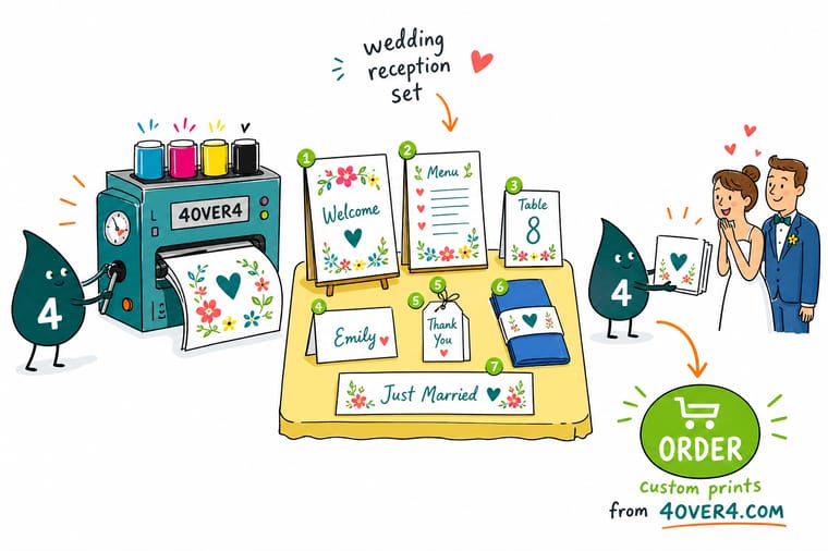Wally, the 4OVER4 mascot holding a 4, setting a reception table with a menu, a table tent, a coaster and a monogram sticker that all match