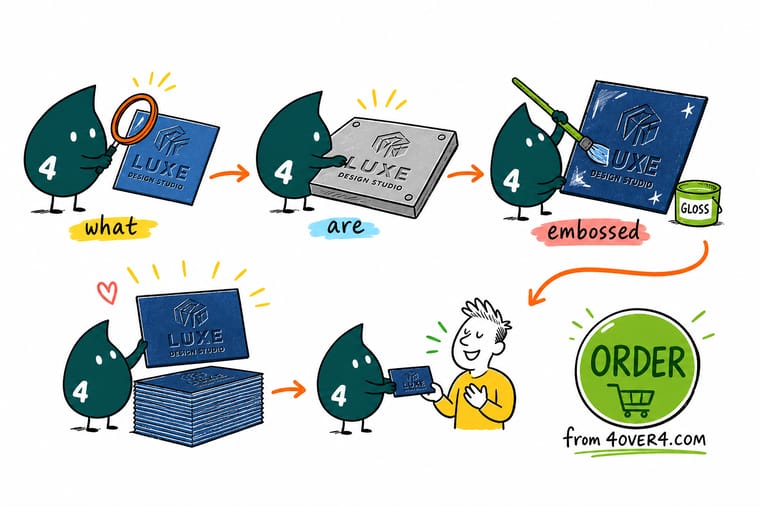 Wally, the 4OVER4 mascot with a 4, running a thumb over a raised, glossy business card logo