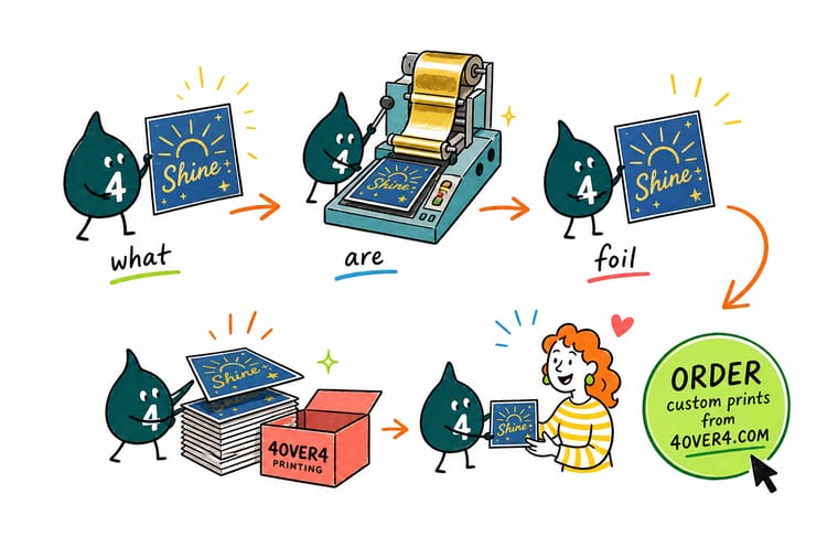 Wally, the 4OVER4 mascot with a 4, pressing a heated die through a roll of gold foil onto a postcard so the metal lifts off the roll and onto the card