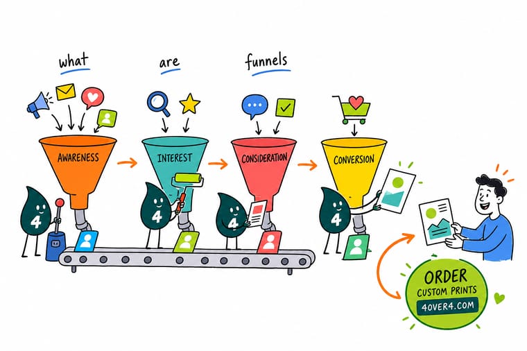 Wally, the 4OVER4 mascot holding a 4, guiding a prospect down a marketing funnel with a postcard, a brochure, and a leave-behind